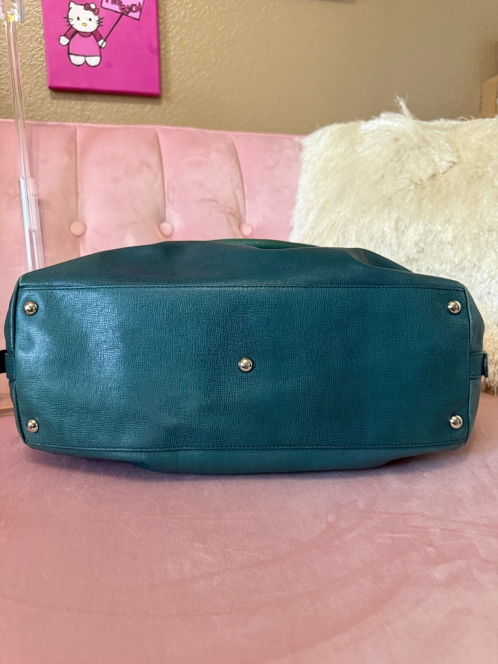 Authentic FURLA Teal Green Leather Satchel Shoulder Bag w Silver Hardware - Picture 11 of 16